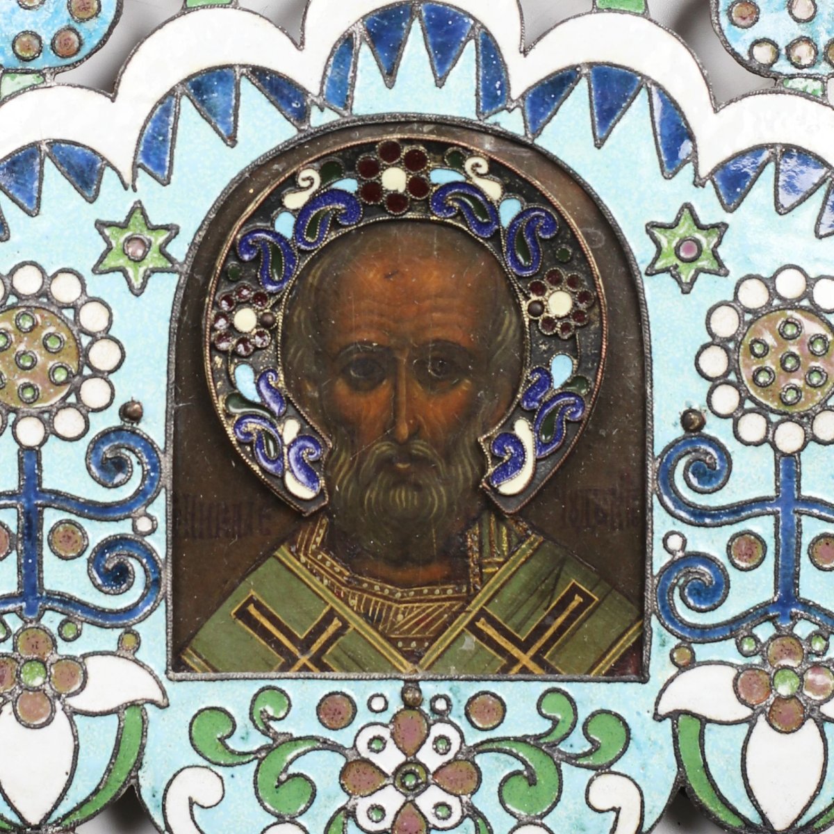 Icon Of Saint Nicholas The Wonderworker In Cloisonné Enamel Oklad, Art Nouveau Style. Early 20-photo-2