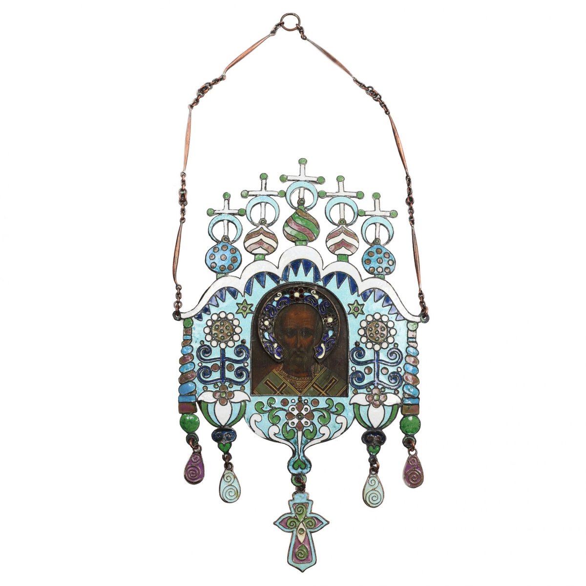 Icon Of Saint Nicholas The Wonderworker In Cloisonné Enamel Oklad, Art Nouveau Style. Early 20