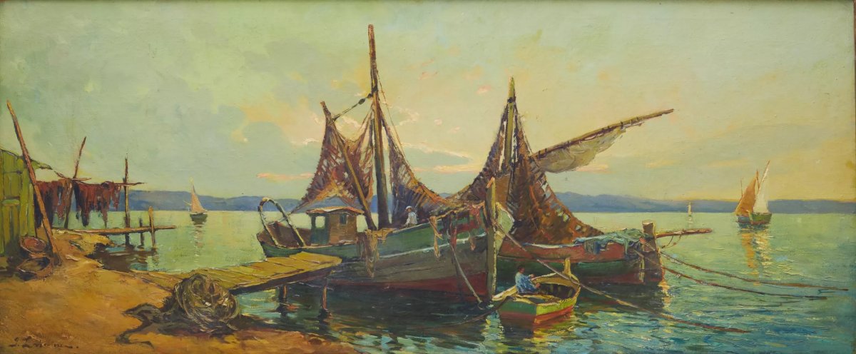 Georgy Alexandrovitch Lapchine (1885–1950) Fishing Boats In France, 1930s-photo-3