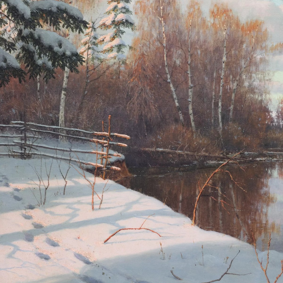 BERGE DE RIVIÈRE EN HIVER. BORIS BESSONOV (1862–1934). RUSSIE, PREMIÈRE MOITIÉ DU XXE SIÈCLE-photo-2