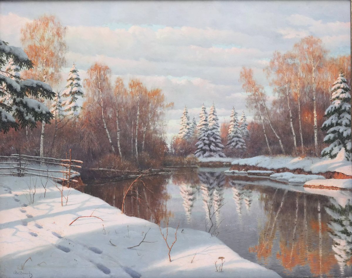 BERGE DE RIVIÈRE EN HIVER. BORIS BESSONOV (1862–1934). RUSSIE, PREMIÈRE MOITIÉ DU XXE SIÈCLE-photo-4