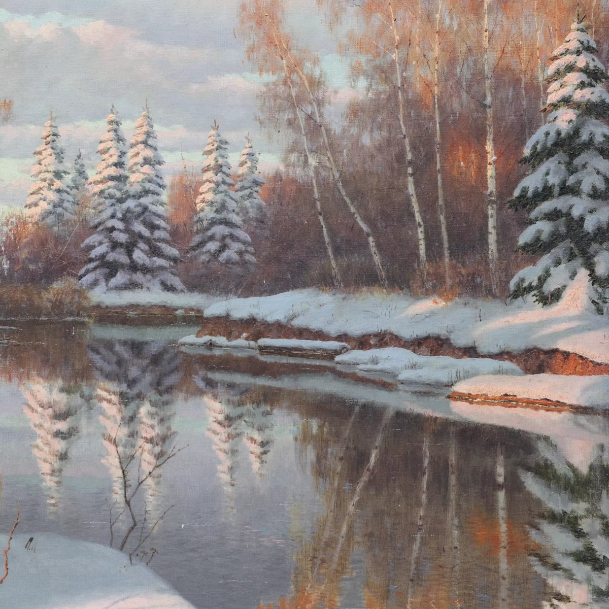BERGE DE RIVIÈRE EN HIVER. BORIS BESSONOV (1862–1934). RUSSIE, PREMIÈRE MOITIÉ DU XXE SIÈCLE-photo-1