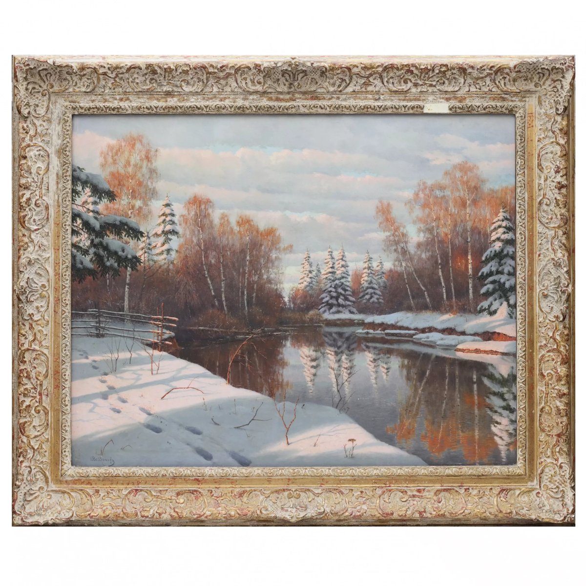 BERGE DE RIVIÈRE EN HIVER. BORIS BESSONOV (1862–1934). RUSSIE, PREMIÈRE MOITIÉ DU XXE SIÈCLE