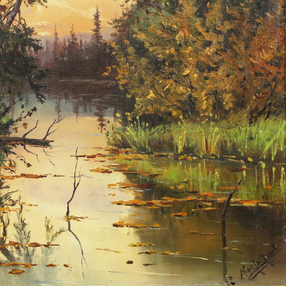 PAYSAGE AVEC ÉTANG DANS LA LUMIÈRE DU SOIR. A. KONSTANTINOVA RUSSIE-photo-4