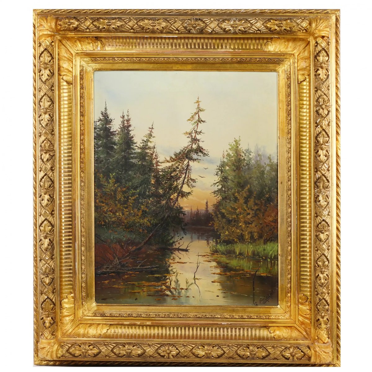 PAYSAGE AVEC ÉTANG DANS LA LUMIÈRE DU SOIR. A. KONSTANTINOVA RUSSIE