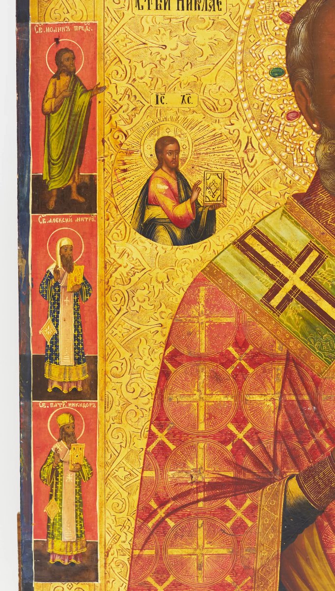 ICÔNE « SAINT NICOLAS LE THAUMATURGE AVEC SAINTS ÉLUS » RUSSIE, FIN DU XIXᵉ SIÈCLE-photo-3