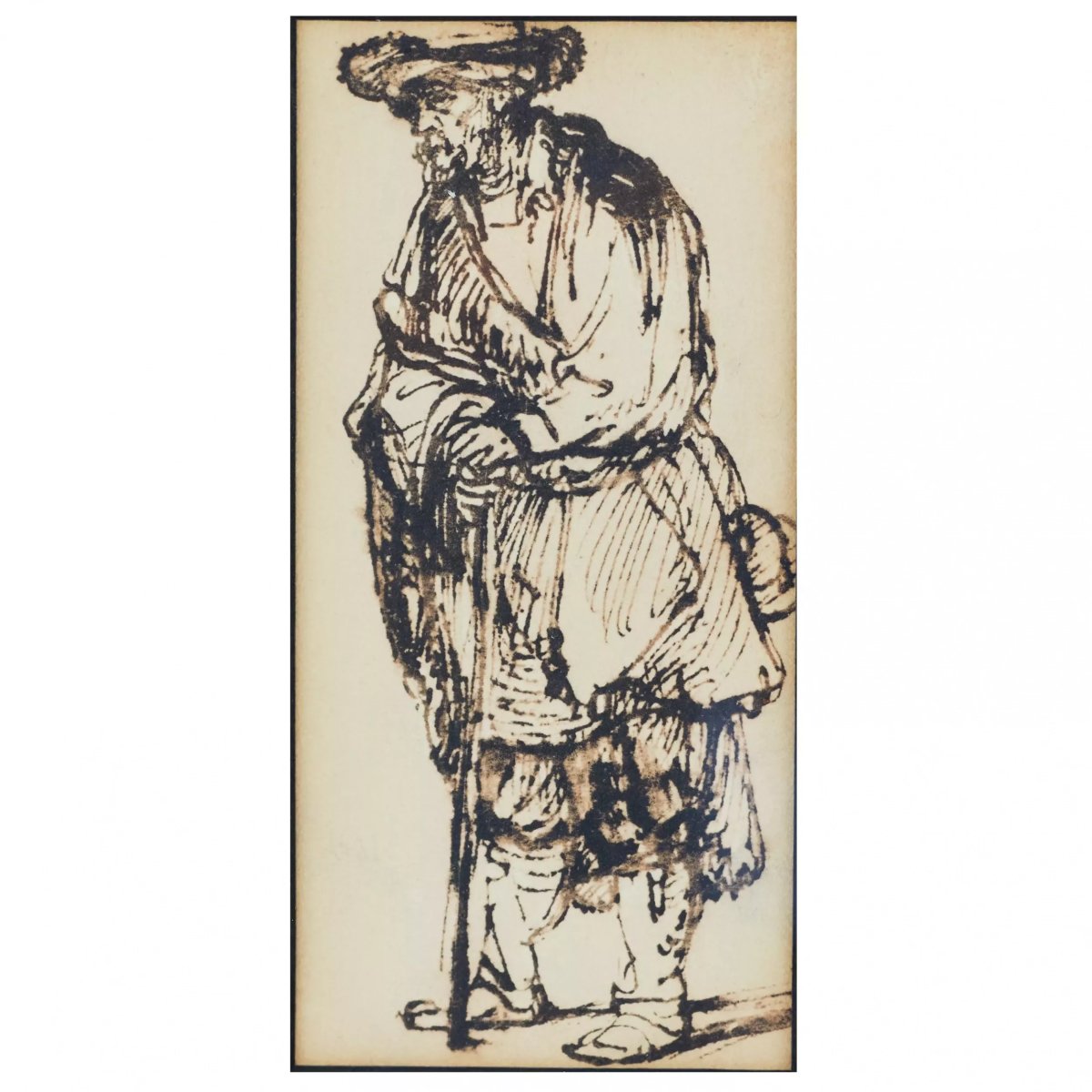 VIEILLARD AVEC BÂTON. DESSIN À LA PLUME DANS L’ESPRIT DE REMBRANDT EUROPE, XIX SIÈCLE-photo-2