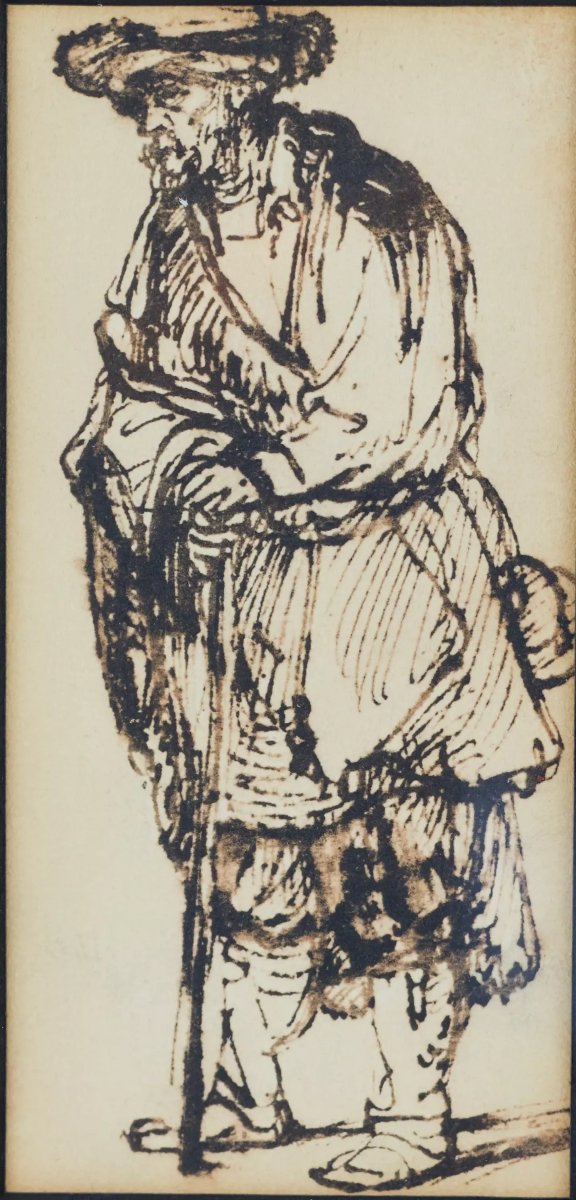 VIEILLARD AVEC BÂTON. DESSIN À LA PLUME DANS L’ESPRIT DE REMBRANDT EUROPE, XIX SIÈCLE-photo-3
