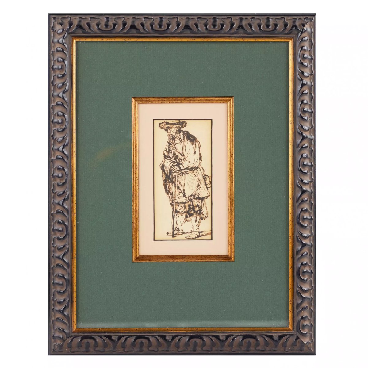 VIEILLARD AVEC BÂTON. DESSIN À LA PLUME DANS L’ESPRIT DE REMBRANDT EUROPE, XIX SIÈCLE