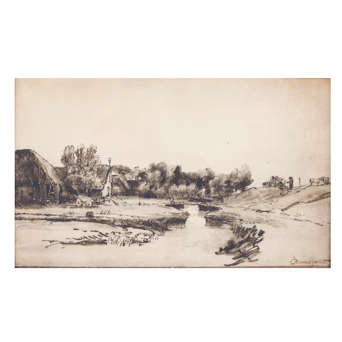 PAYSAGE AVEC CANAL. DESSIN À LA PLUME DANS L’ESPRIT DES PAYSAGES DE REMBRANDT EUROPE-photo-2