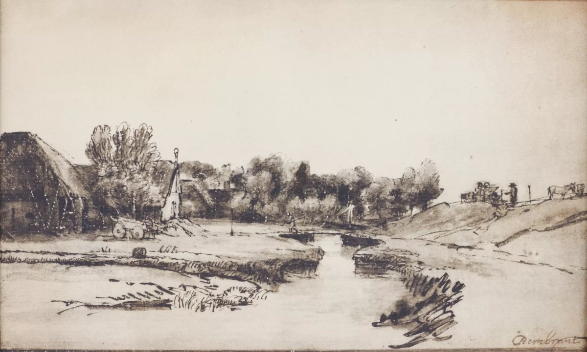 PAYSAGE AVEC CANAL. DESSIN À LA PLUME DANS L’ESPRIT DES PAYSAGES DE REMBRANDT EUROPE-photo-3