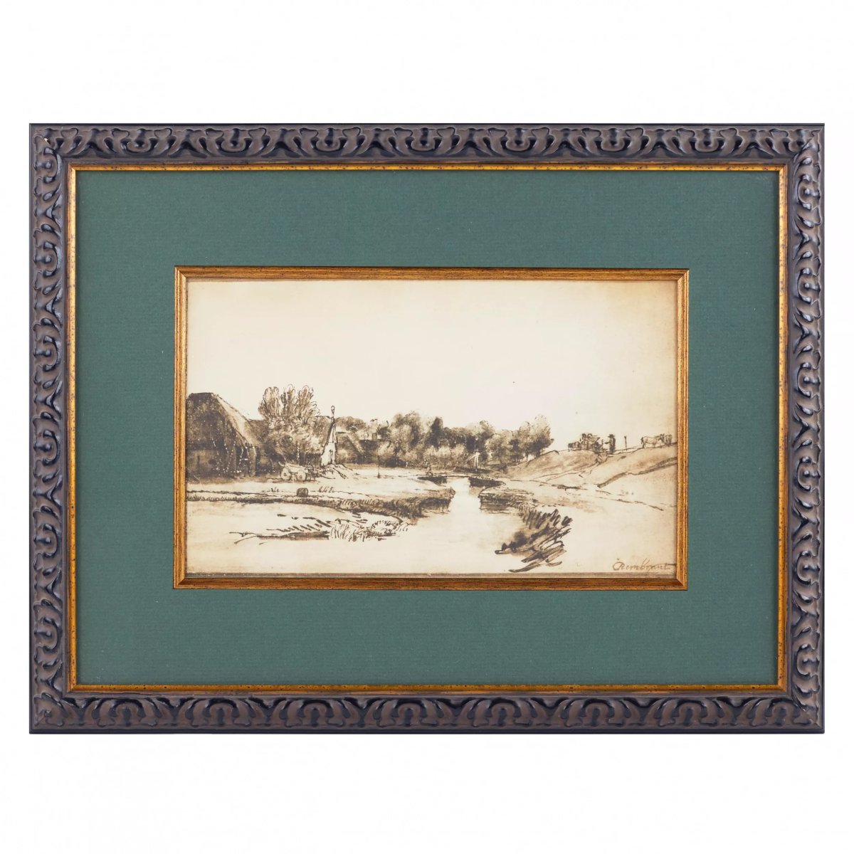 PAYSAGE AVEC CANAL. DESSIN À LA PLUME DANS L’ESPRIT DES PAYSAGES DE REMBRANDT EUROPE