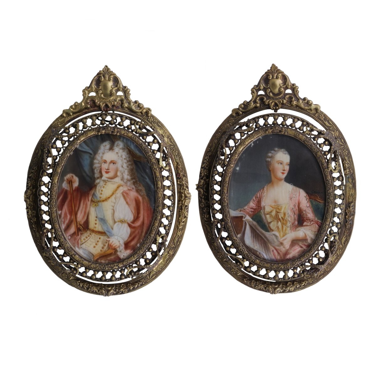 Paire de portraits miniatures Louis XV et Marquise de Pompadour