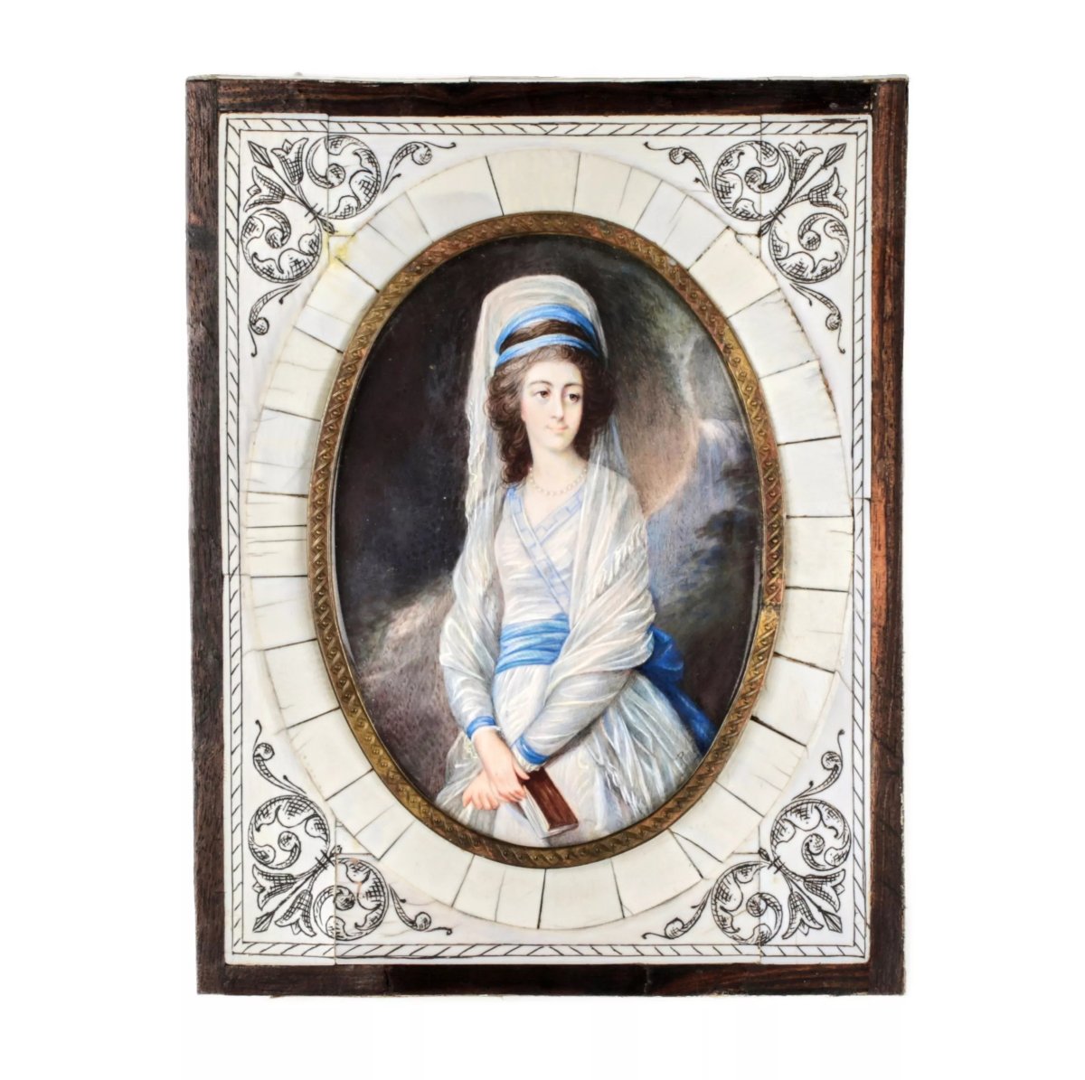 Portrait Of A Young Woman With A Poetry Collection. Miniature Painted On Bone. Europe