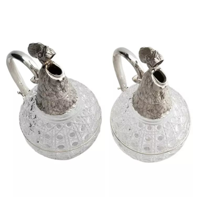 Pair Of Silver Decanters With Rooster Heads. Made By The Grachev Brothers.-photo-5