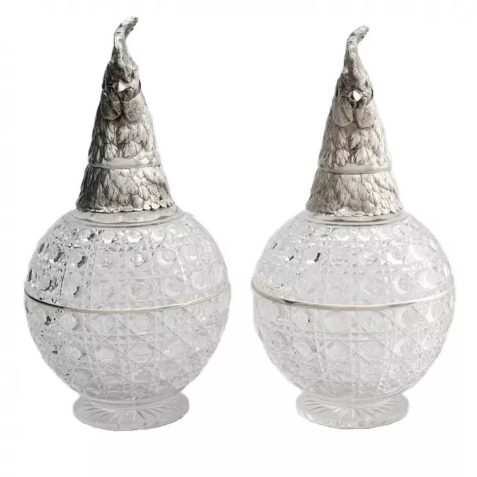 Pair Of Silver Decanters With Rooster Heads. Made By The Grachev Brothers.-photo-7