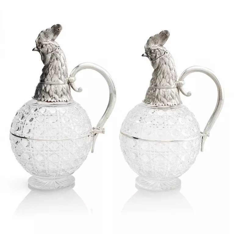Pair Of Silver Decanters With Rooster Heads. Made By The Grachev Brothers.-photo-8