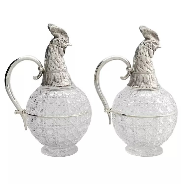 Pair Of Silver Decanters With Rooster Heads. Made By The Grachev Brothers.