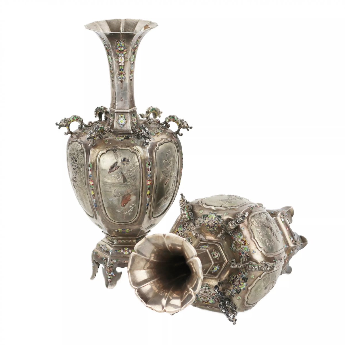 Pair Of Japanese Silver Vases With Japanese Enamel, Turned, 19th–20th Centuries-photo-3