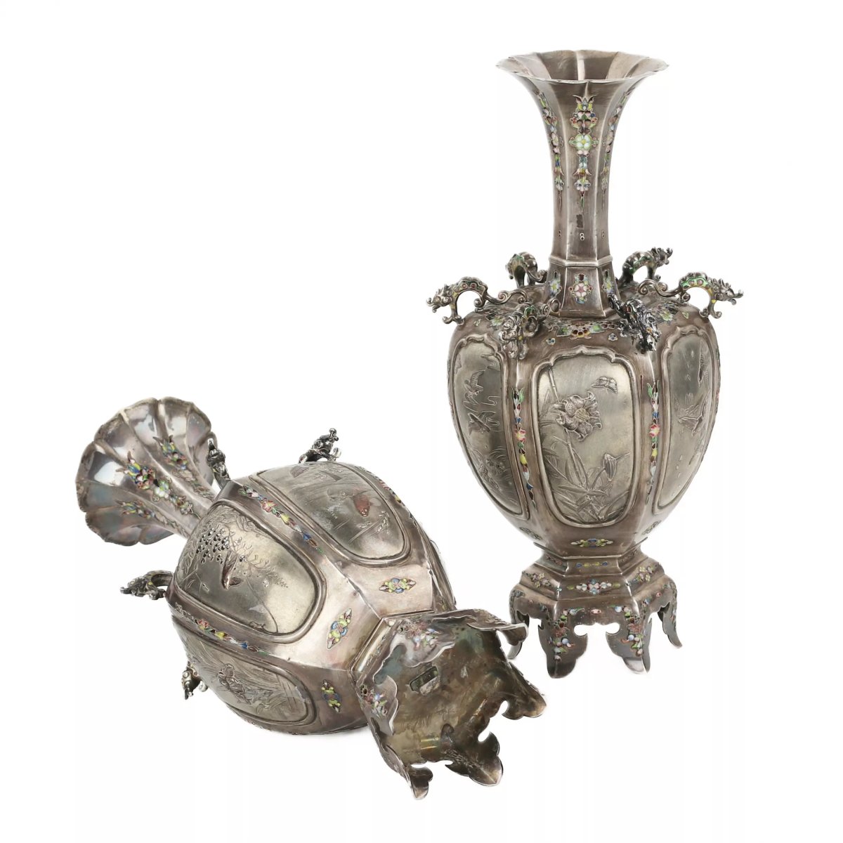 Pair Of Japanese Silver Vases With Japanese Enamel, Turned, 19th–20th Centuries-photo-4