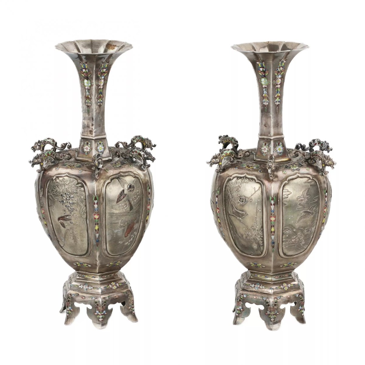 Pair Of Japanese Silver Vases With Japanese Enamel, Turned, 19th–20th Centuries