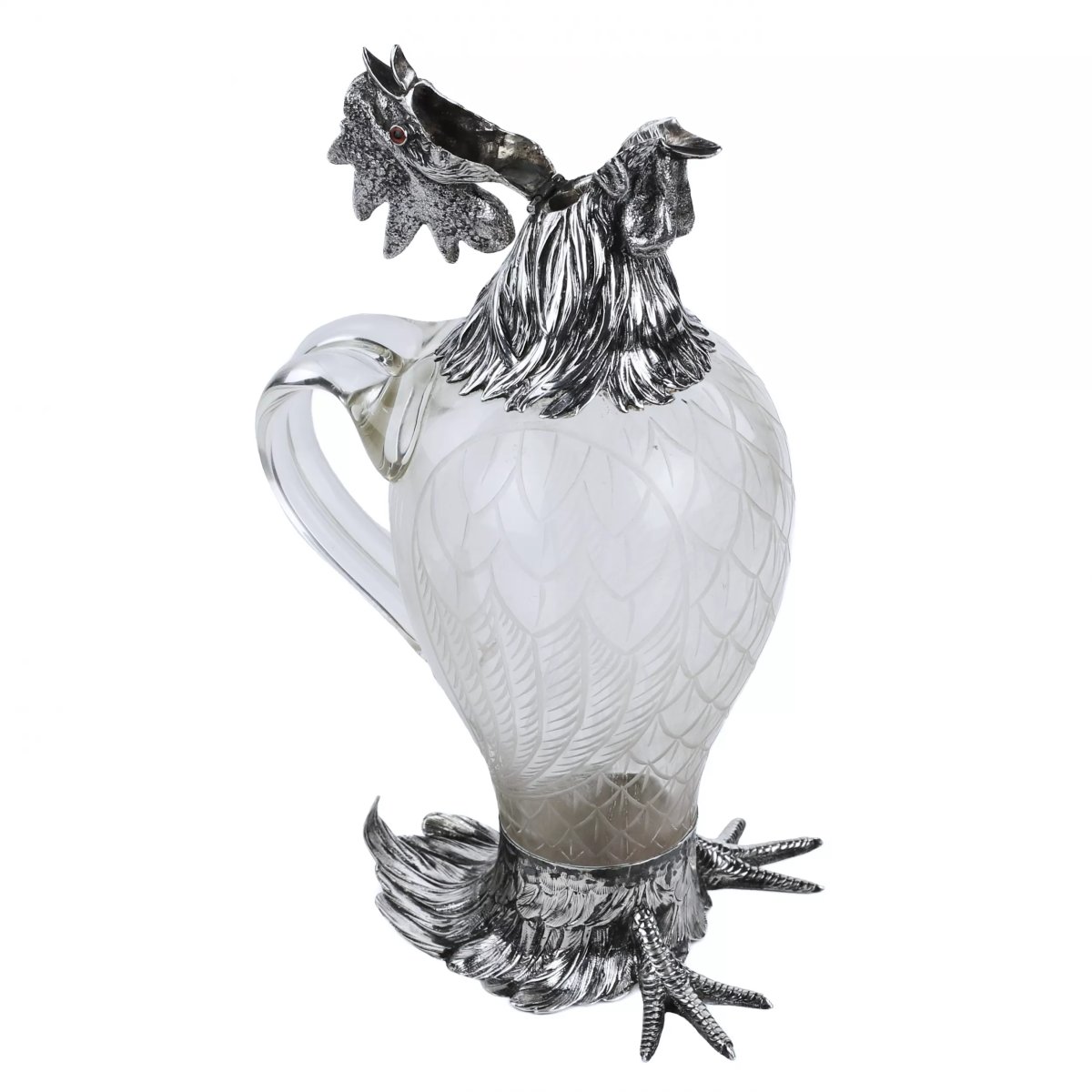 Glass And Silver Rooster-shaped Pitcher. Hanau, J.d. Schleissner Söhne. Late 19th Century-photo-2