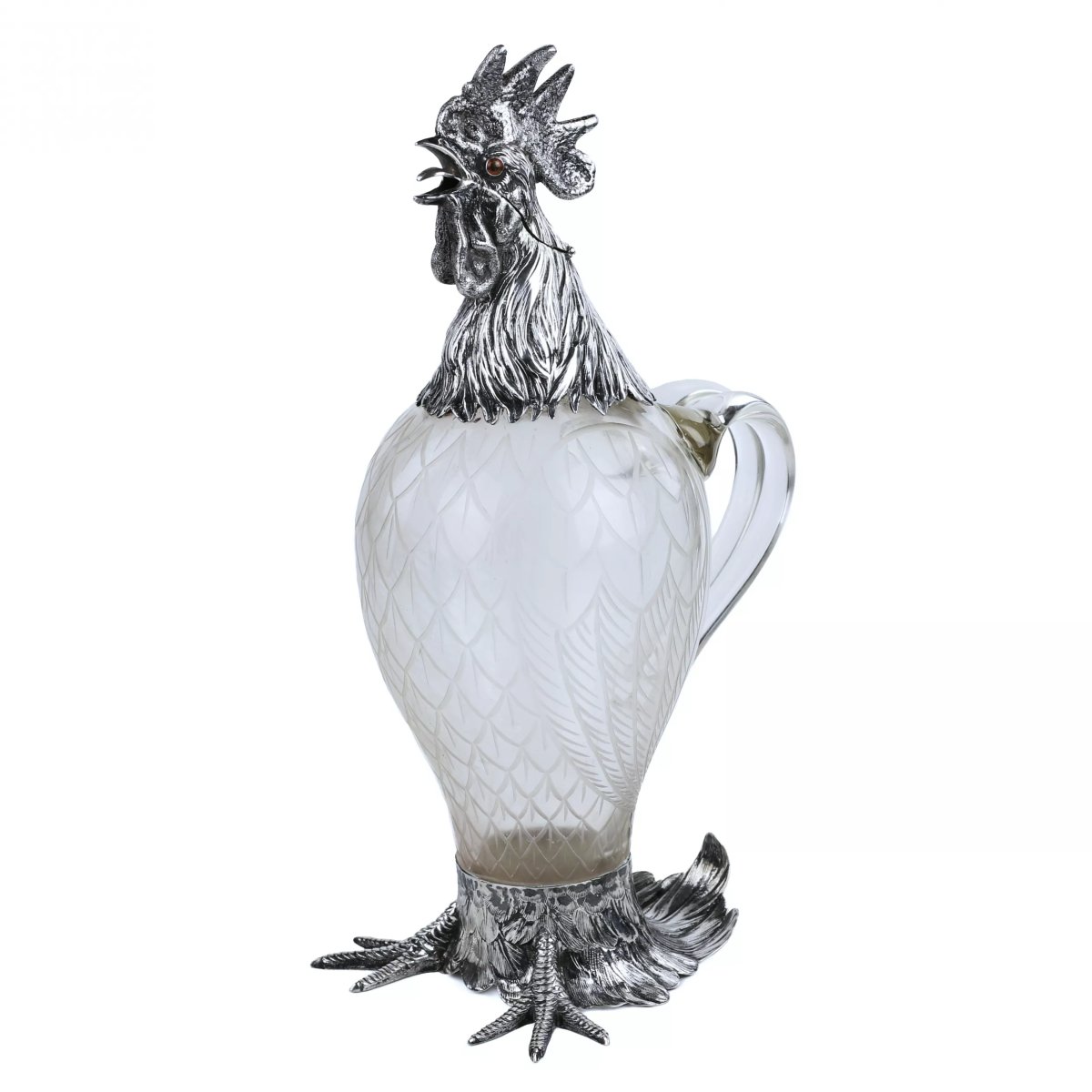 Glass And Silver Rooster-shaped Pitcher. Hanau, J.d. Schleissner Söhne. Late 19th Century-photo-1