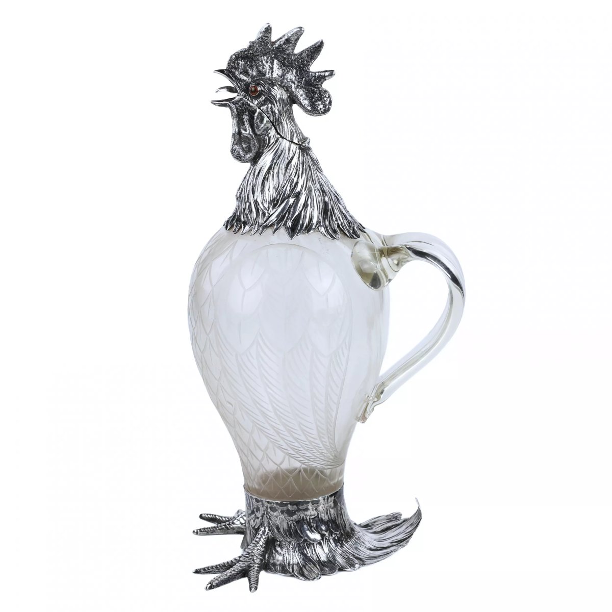 Glass And Silver Rooster-shaped Pitcher. Hanau, J.d. Schleissner Söhne. Late 19th Century