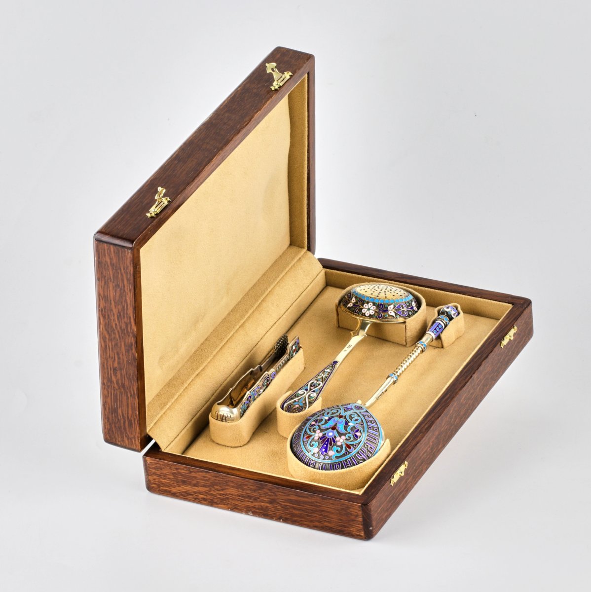 Silver Tea Set With Cloisonné Enamel And The Inscription “priyatnogo Appetita,” Russia.-photo-2