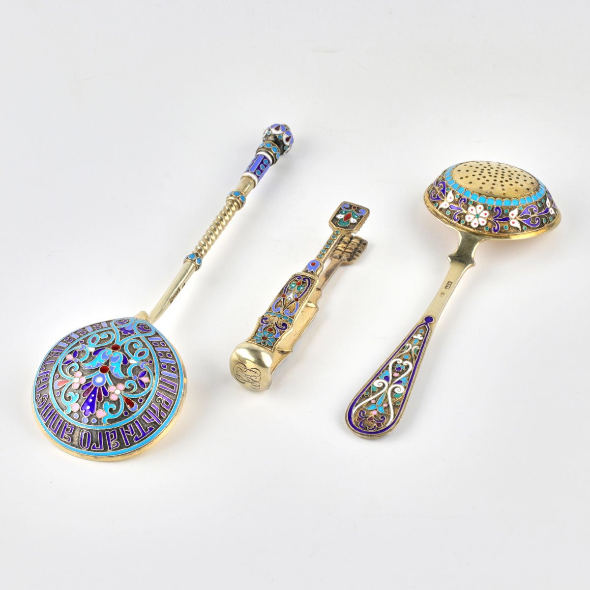 Silver Tea Set With Cloisonné Enamel And The Inscription “priyatnogo Appetita,” Russia.-photo-1