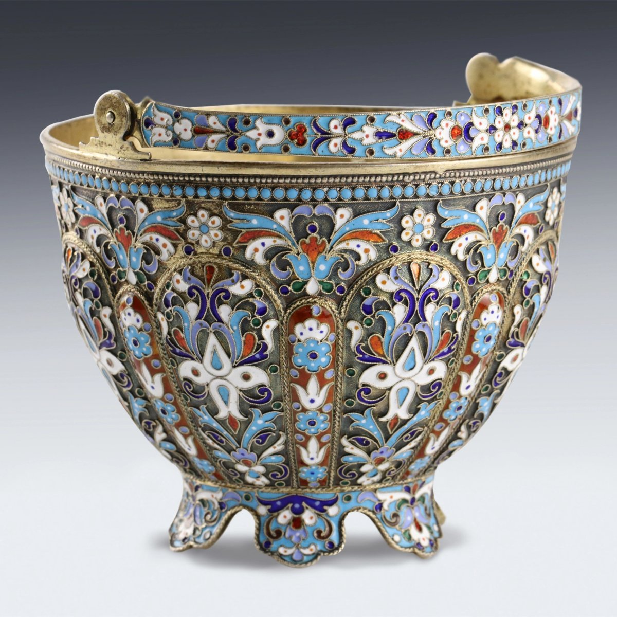 Russian Silver Sugar Bowl With Cloisonné Enamel, Russia, Moscow, 1896–1908-photo-4