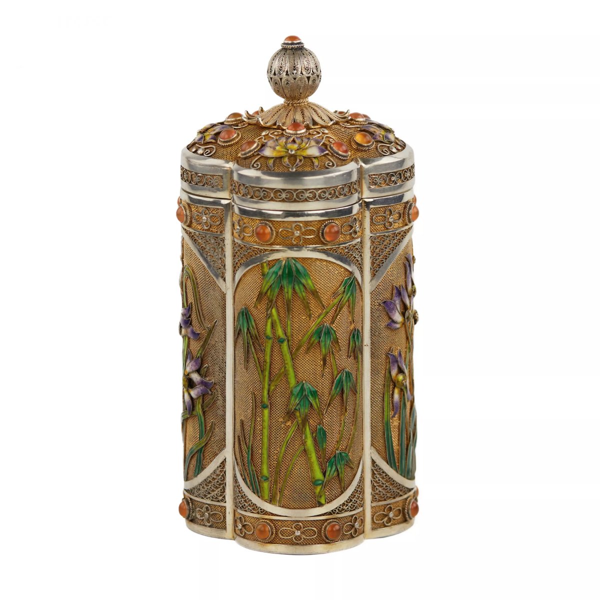 Silver Tea Box With Enamel And Chinese Cabochons, 20th Century-photo-3