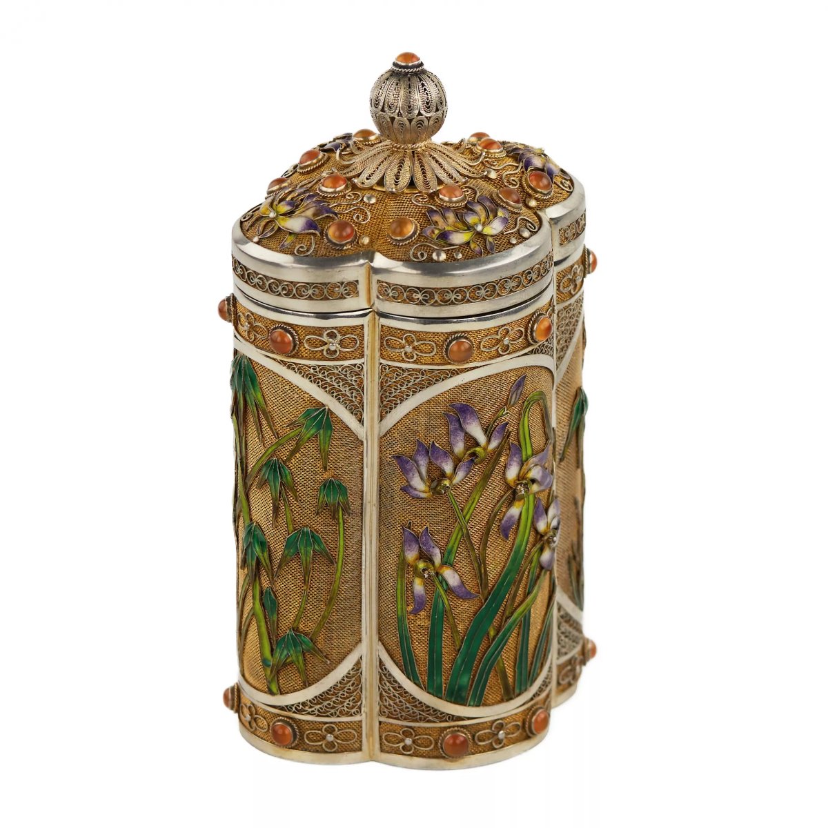 Silver Tea Box With Enamel And Chinese Cabochons, 20th Century-photo-4