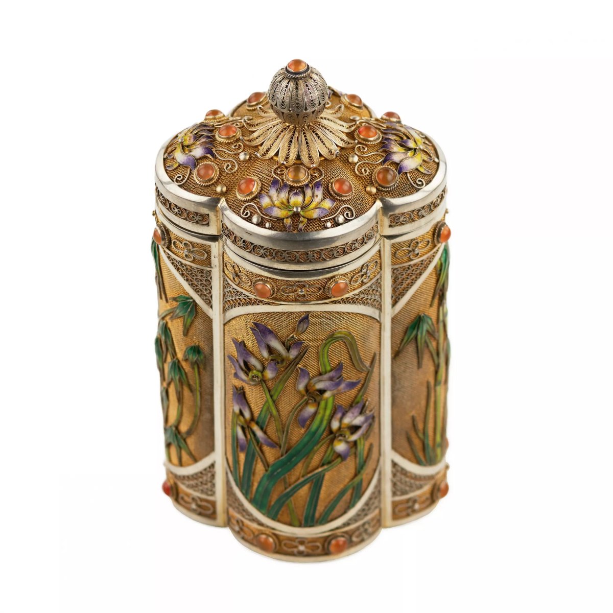 Silver Tea Box With Enamel And Chinese Cabochons, 20th Century-photo-1