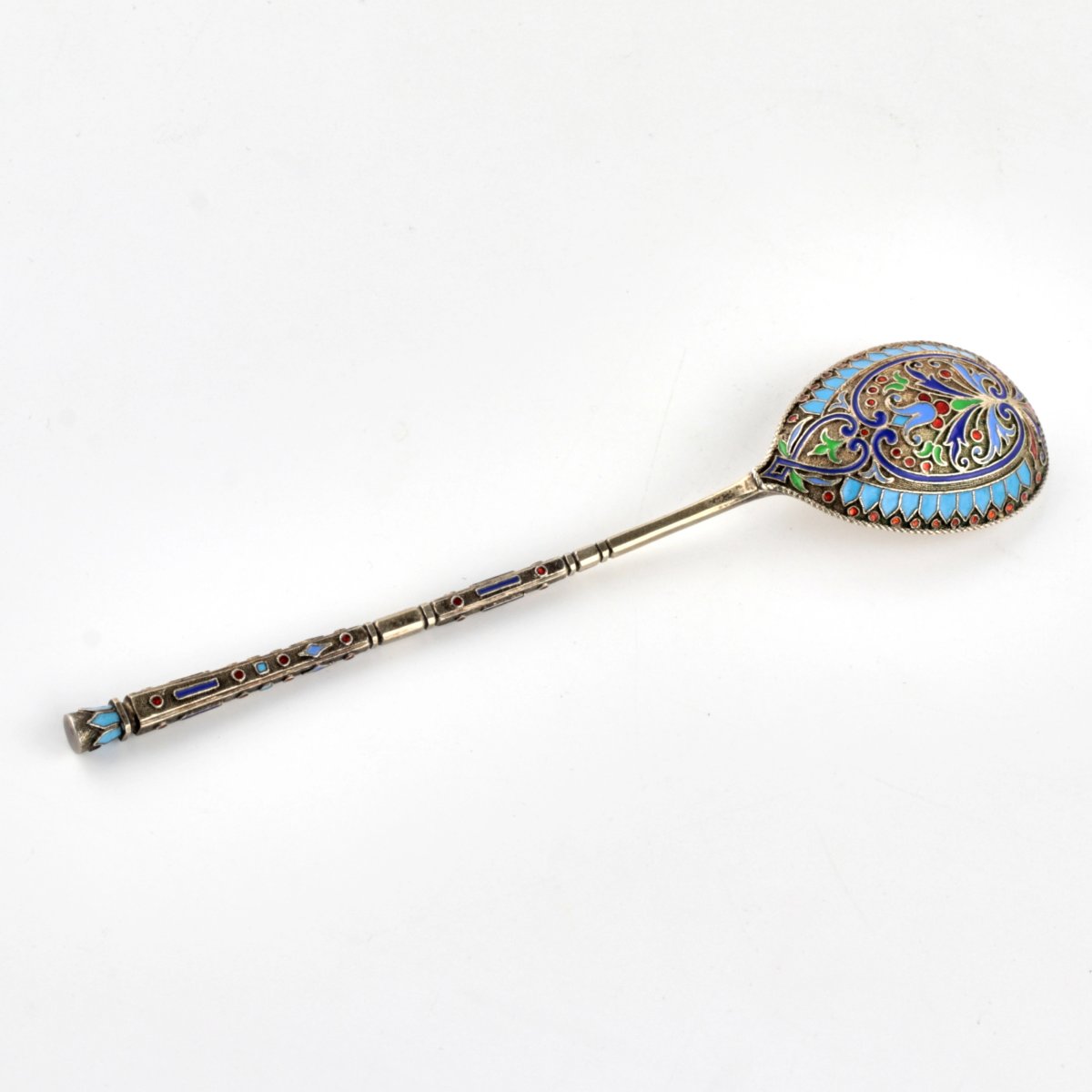  Set Of Six Silver Teaspoons With Cloisonné Enamel In A Casing. Gratchov Brothers.-photo-2
