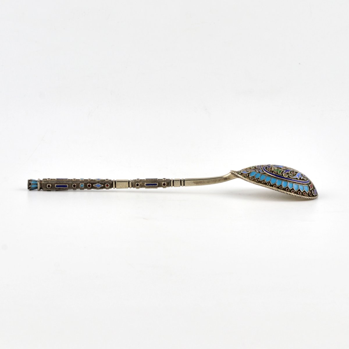  Set Of Six Silver Teaspoons With Cloisonné Enamel In A Casing. Gratchov Brothers.-photo-3