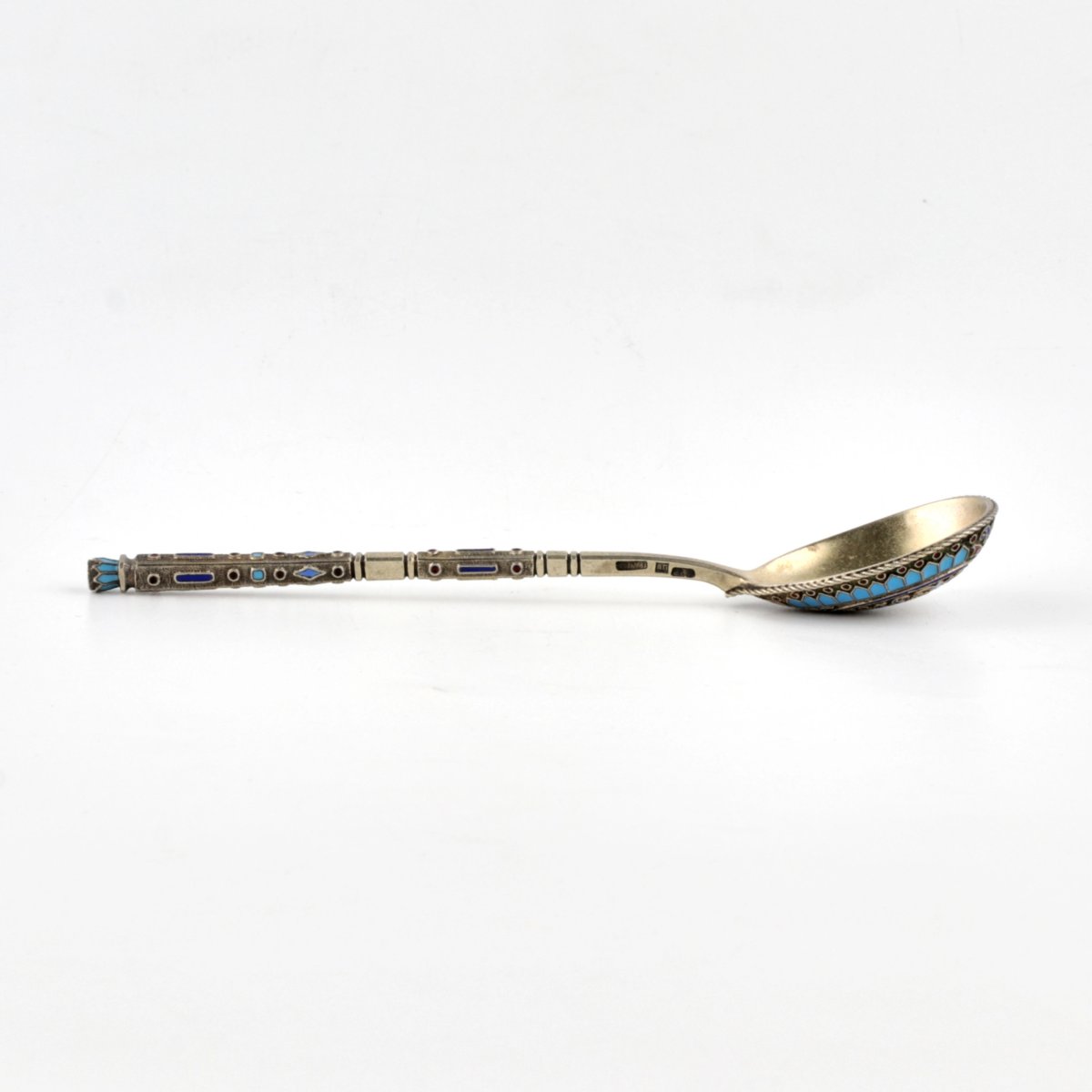  Set Of Six Silver Teaspoons With Cloisonné Enamel In A Casing. Gratchov Brothers.-photo-4