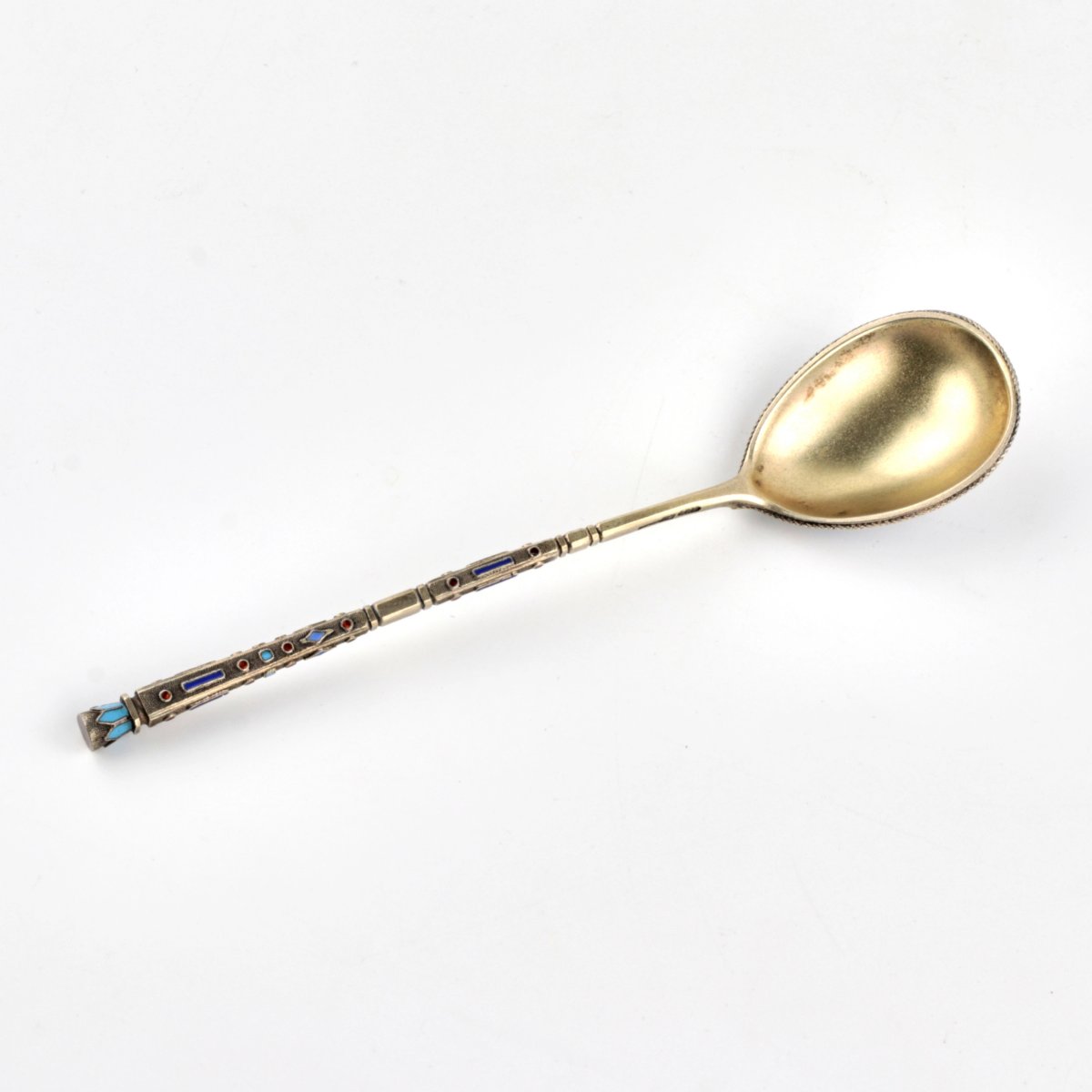  Set Of Six Silver Teaspoons With Cloisonné Enamel In A Casing. Gratchov Brothers.-photo-4