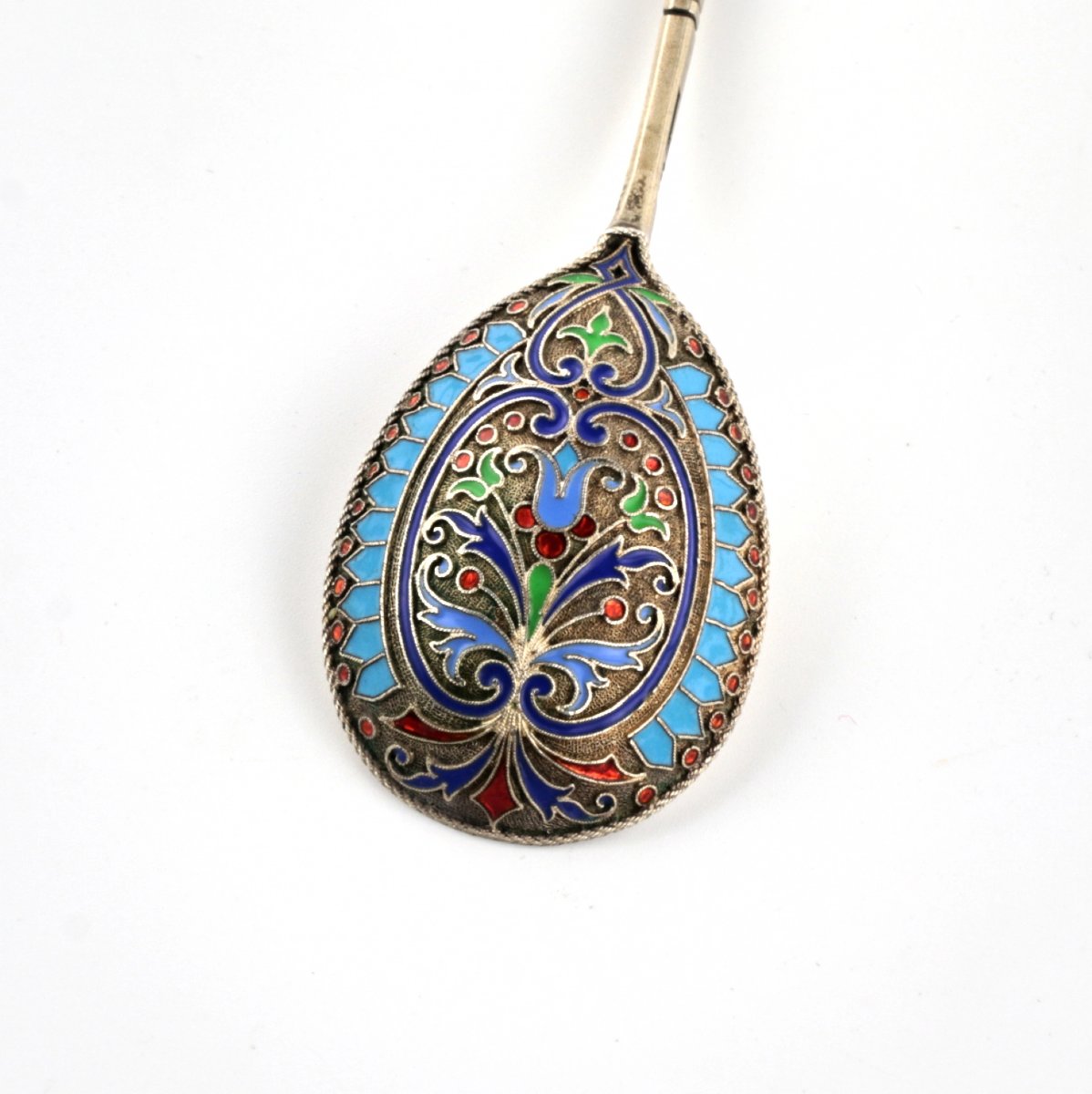  Set Of Six Silver Teaspoons With Cloisonné Enamel In A Casing. Gratchov Brothers.-photo-5