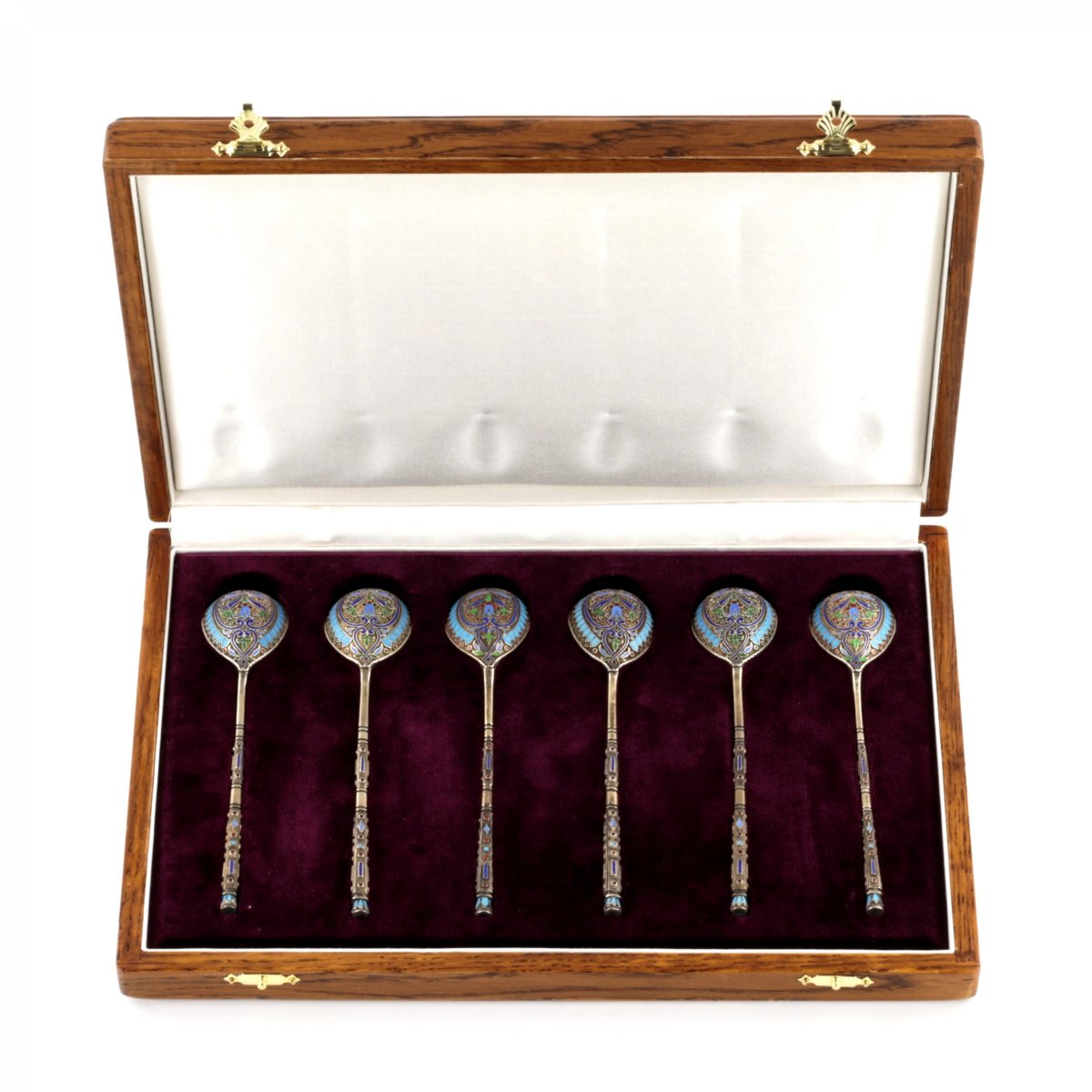 Set Of Six Silver Teaspoons With Cloisonné Enamel In A Casing. Gratchov Brothers.