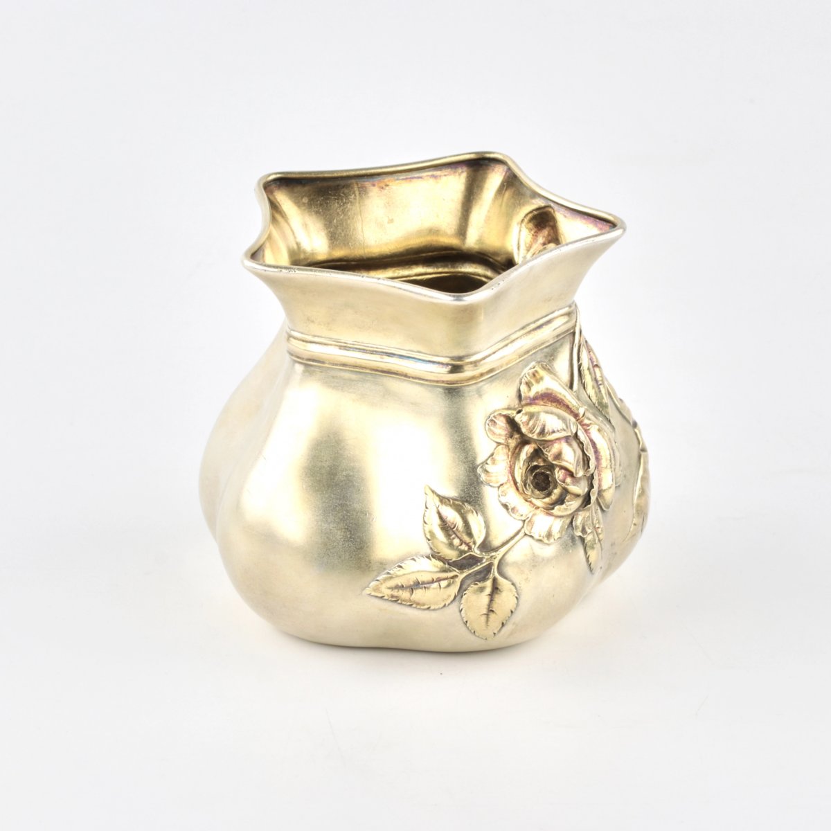 Silver Vase-box In The Shape Of A Tied Purse, Decorated With A Rose In Relief. -photo-2