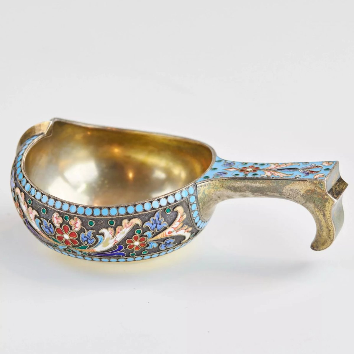  Russian Silver Kovch With Polychrome Cloisonné Enamel. Manufactured By P. A. Ovtchinnikov. Moscow.-photo-4