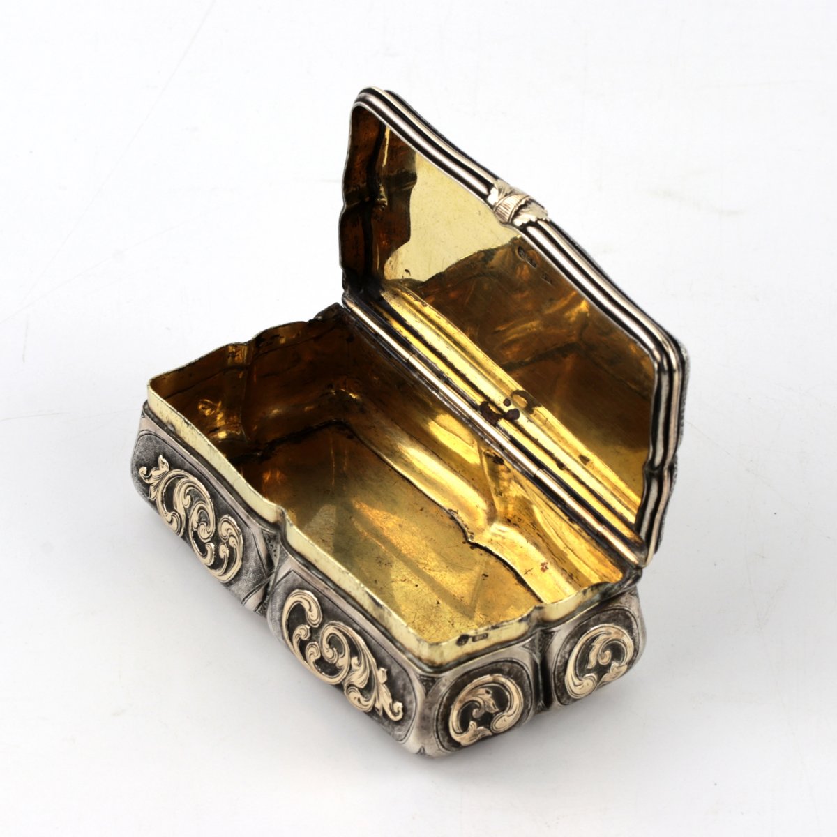 Solid Silver Snuffbox With Appliqué Gold Decoration In The Baroque Style. Saint Petersburg.-photo-3