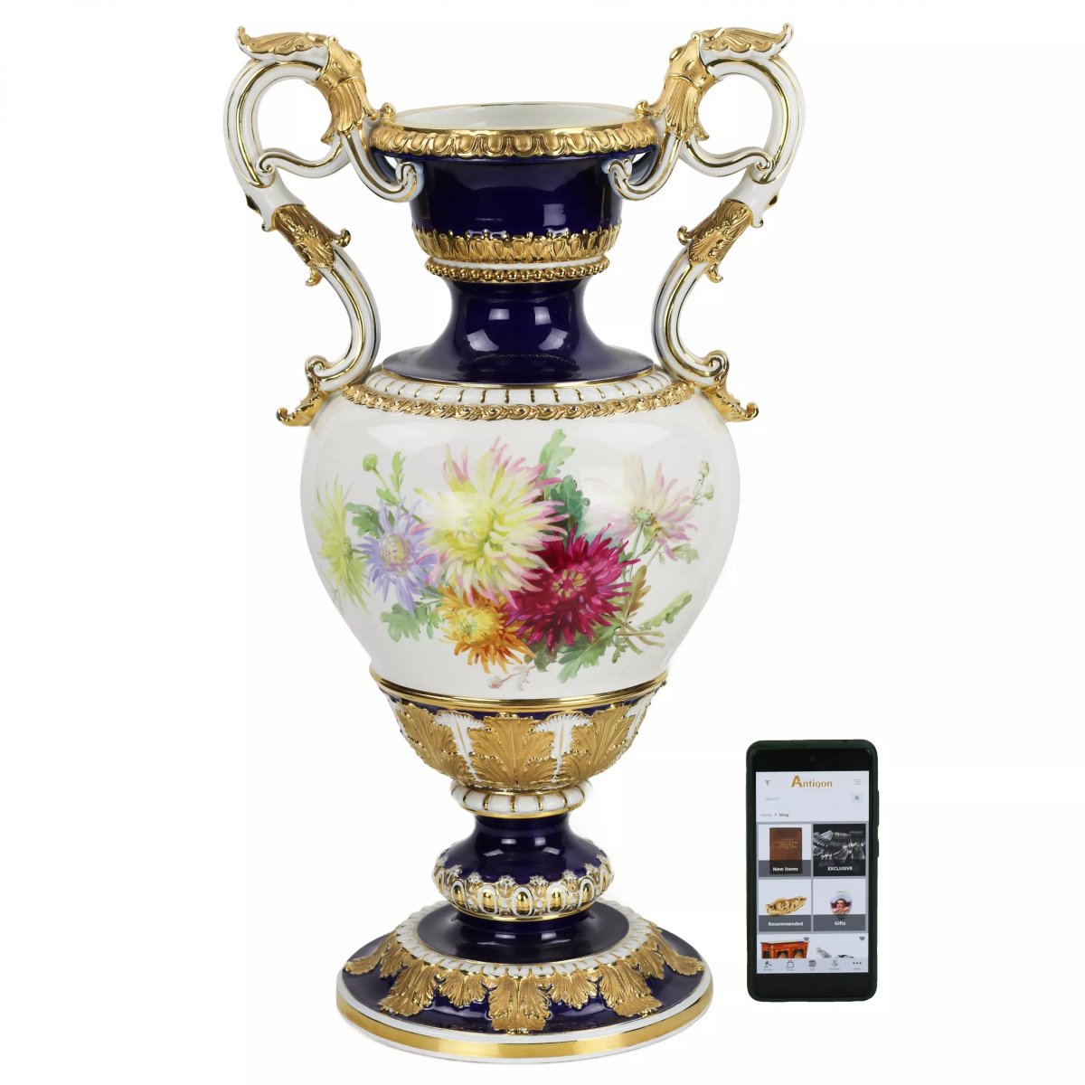 GRAND VASE DE SALON À BOUQUETS FLORAUX. ERNST AUGUST LEUTERITZ ALLEMAGNE, MEISSEN.-photo-4
