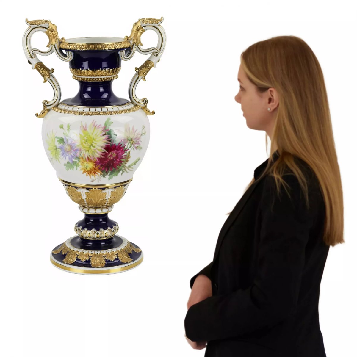 GRAND VASE DE SALON À BOUQUETS FLORAUX. ERNST AUGUST LEUTERITZ ALLEMAGNE, MEISSEN.-photo-2