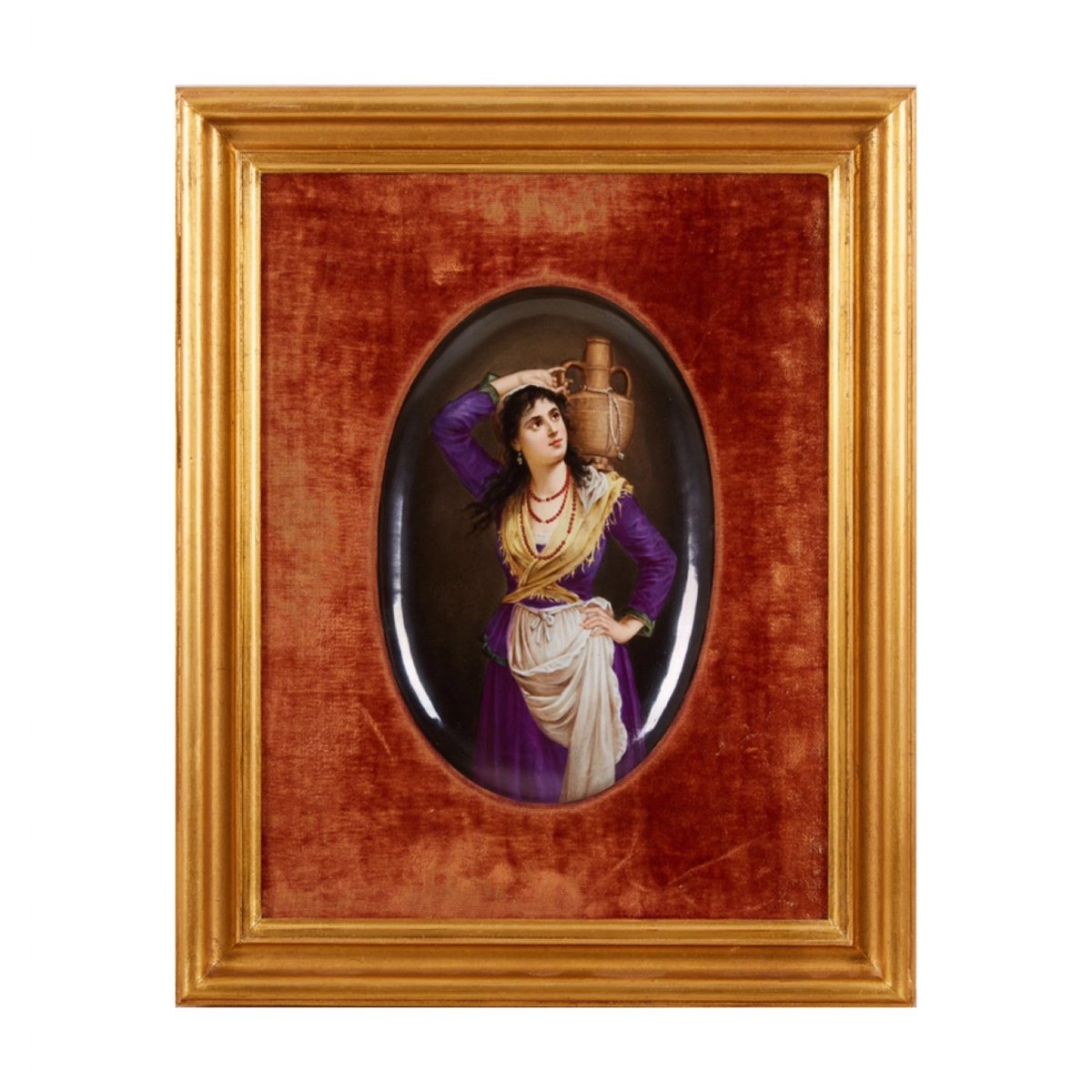 PLAQUE EN PORCELAINE « JEUNE FILLE AU CRUCHON ». XIXe SIÈCLE