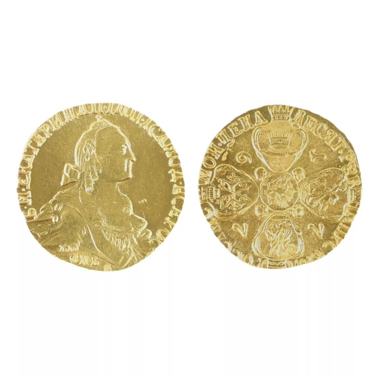 PIÈCE D’OR DE CATHERINE II. 10 ROUBLES SELON LE MODÈLE DE 1767 MDP 1972.