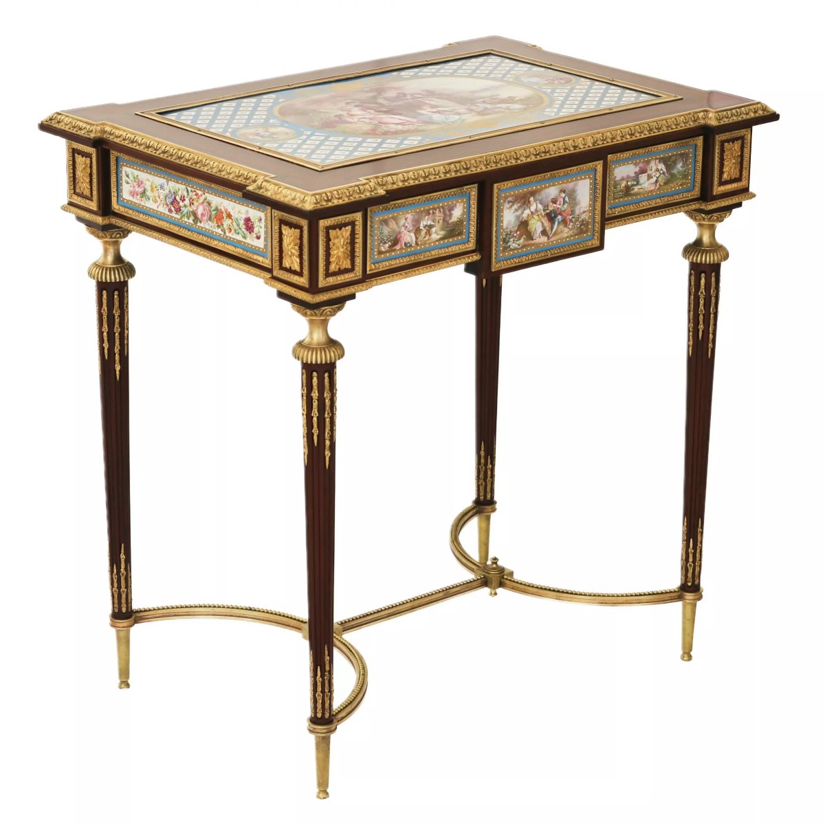 MAGNIFIQUE PETITE TABLE DE DAME AVEC PANNEAUX EN PORCELAINE DANS LE STYLE D’ADAM WEISWEILER 