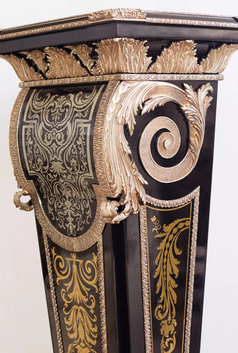 Three Boulle-style Pedestals With Marquetry, France, 20th Century-photo-5