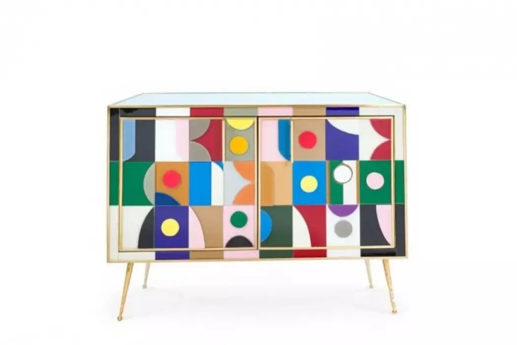Designer Sideboard With Murano Glass Panels In The Style Of Italian Geometric Postmodernism.